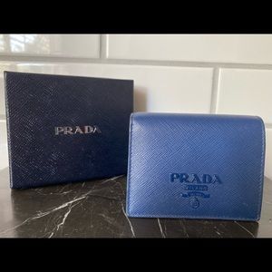 PRADA Logo Saffiano Navy Blue Leather Bifold Wallet Purse